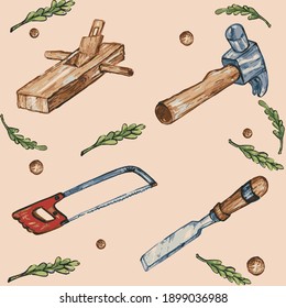 Set Of Wooden Construction Equipment Pattern, Watercolor Style.