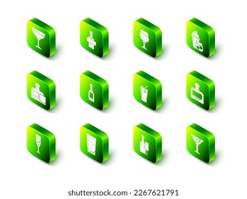 Set Wooden cork for wine, Wine glass, Cocktail shaker, Whiskey bottle, Martini, Glass of juice, with and water icon. Vector