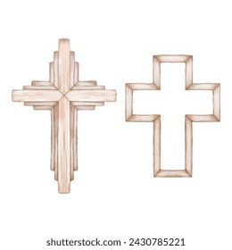 Set of wooden crosses on a white background