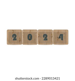 Set of wooden cubes with text 2024 on white background, vector illustration.
