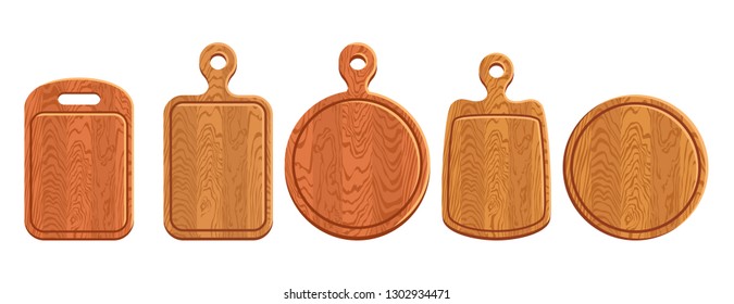 Set of wooden cutting boards isolated on white background. Vector illustration of kitchen tool in cartoon flat style.