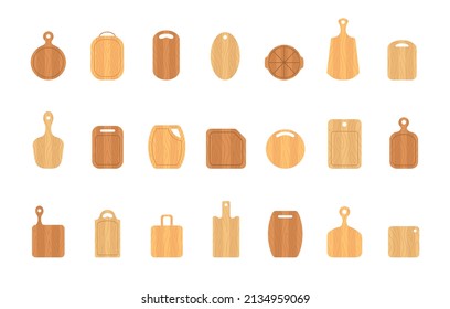 Set of wooden cutting boards. Kitchen tools of various shapes. Top view. Vector illustration in flat cartoon style.