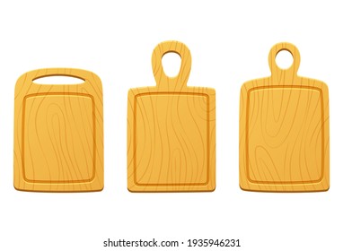Juego de tablas de corte de madera. Ilustración vectorial de un tablero de cocina al estilo de las caricaturas. Aislado sobre un fondo blanco. Herramientas de cocina
