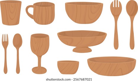 Set of wooden dining ware. Cup, salad bowl, wine goblet, fruit bowl, fork and spoon. Hand drawn illustration vector.	