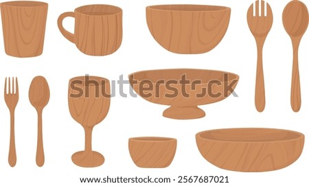 Set of wooden dining ware. Cup, salad bowl, wine goblet, fruit bowl, fork and spoon. Hand drawn illustration vector.	