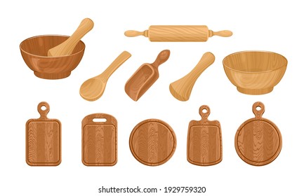 Set of wooden dishes, kitchen utensils isolated on white background. Vector illustration of bowl, rolling pin, mortar and pestle, spoon, scoop, cutting boards of different shapes. Cartoon flat style.