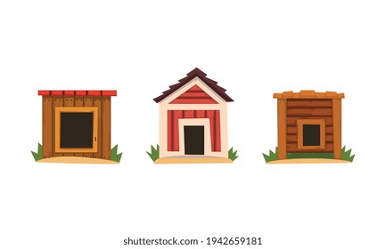 Set of Wooden Doghouses, Small House for Dogs at Backyard Cartoon Vector Illustration