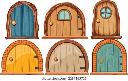 Puertas de madera para la ilustración de la decoración de una casa de cuento de hadas