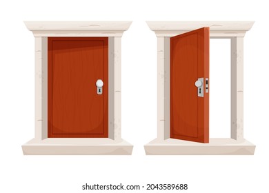 Set wooden door open and closed in cartoon style isolated on white background. Stone door frame, entrance. Game element.