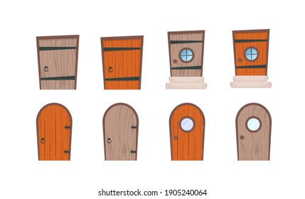 Set of wooden doors in cartoon style. Elements for the design of games or houses. Isolated. Vector 