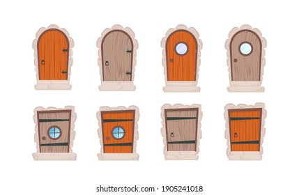 Set of wooden doors in cartoon style. Elements for the design of games or houses. Vector