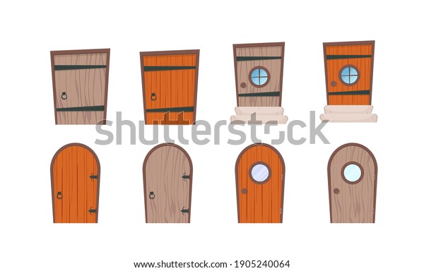 Set of wooden doors in\
cartoon style. Elements for the design of games or houses.\
Isolated. Vector 