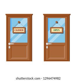 Set of wooden doors with glass, door handle, open and closed business signs isolated on a white background. Vector illustration in flat cartoon style.