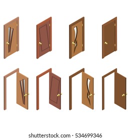 Set of wooden doors in isometric view for architecture and interior design. Flat 3d closed, open, wooden doors. Entrance architectural group isometric view isolated on white background.