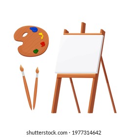 Set wooden easel empty blank paper mock up with palette and brushes in cartoon style isolated on vector white illustration. Artist equipment, advertising board.