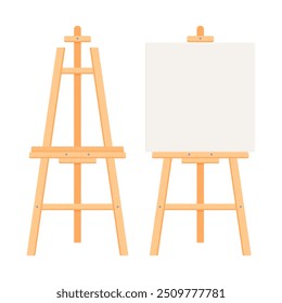 Set of wooden easels with blank canvas. Flat vector illustration isolated on white background. Art supplies and painting concept. Perfect for creative projects and educational materials.