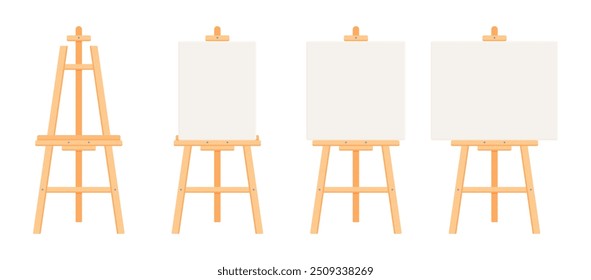  Set of wooden easels with blank canvases. Flat vector illustration isolated on white background. Art supplies and painting concept. Perfect for creative projects and educational materials.