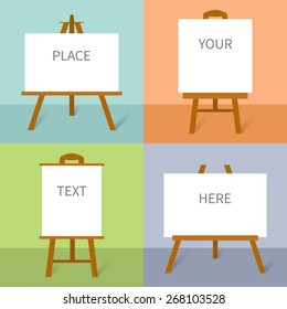 Set of wooden easels with canvas in flat design