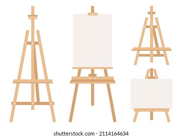 Set of wooden easels or painting art boards with white canvas. Flat vector illustration on a white background.
