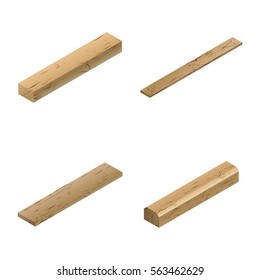 Set of wooden elements , block, plank, board and sleeper. Isolated on white background, flat 3D isometric style, vector illustration.