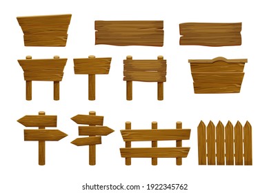 Set wooden elements fence, plywood planks, banner, empty signboard textured in cartoon style isolated on white background. Template assets ui game. Collection frames, button.  - Shutterstock ID 1922345762
