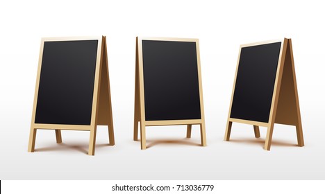 Set of wooden empty blank advertising. Stands sidewalk signs. Street handheld sandwich. Vector illustration. Isolated on white background