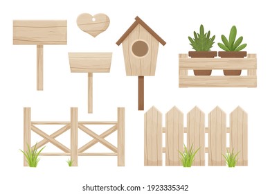 Set wooden fence, birdhouse, empty billboard, sign and wooden box with flowerpots isolated on white background. Textured, detailed objects, seasonsl decoration, beige elegant colour in cartoon style.