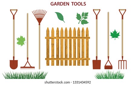 Set - wooden fence, shovels, chopper, rake, pitchfork, grass - isolated on white background - flat style - vector. Gardening Supplies