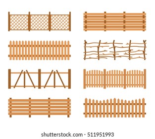 Set Wooden Fences isolated on white background. Different garden fences vector illustration. Rural fencing wood boards silhouette construction in flat style