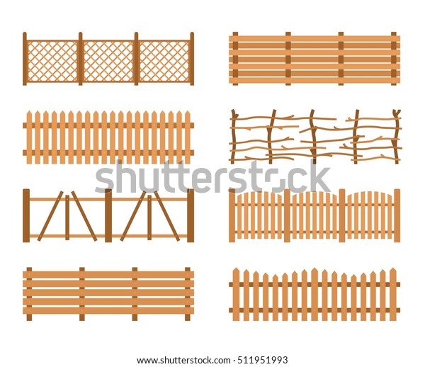 白い背景に木のフェンスを設定します 様々な庭園のフェンスのベクターイラスト 田舎のフェンシング用木板のシルエット作図 平たいスタイル のベクター画像素材 ロイヤリティフリー