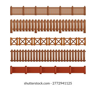 Set of wooden fences in multiple styles, isolated on white background, perfect for 2D farm games, garden scenes, level design, tilesets, landscape decoration and rustic building elements