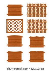 Set of wooden fences sections of different forms isolated on white background. Collection of elements for logos, pictures, print products, page, web and game design. Vector illustration.