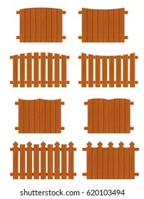 Set of wooden fences sections of different forms isolated on white background. Collection of elements for logos, pictures, print products, page, web and game design. Vector illustration.