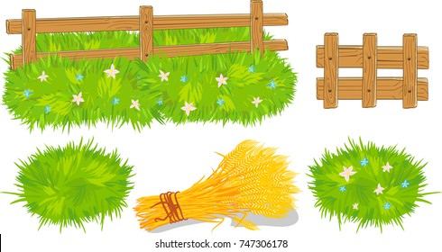 A set of wooden fences, tiled grass and sheaf of hay. Isolated, white background