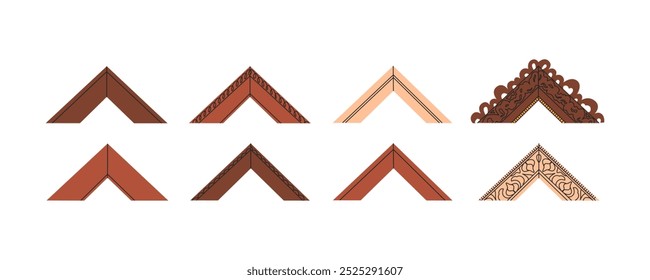 Set of wooden frame corners. Samples for decorating paintings in frames, frame workshop. Vector illustration in flat style