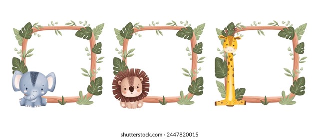 Set of Wooden Frame with Safari Animals and Tropical Leaves