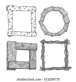 Set of wooden frames. Freehand drawing. Vector illustration. Isolated on white background.