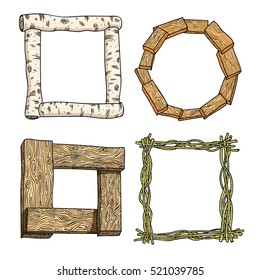 Set of wooden frames. Freehand drawing. Vector illustration. Isolated on white background.