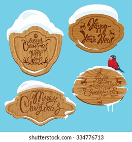Set of Wooden frames with snow and handwritten calligraphic text Merry Christmas and Happy New Year, design elements for winter holidays. 