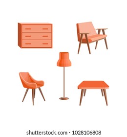 Set of wooden furniture. Coral chest of drawers and floor lamp. Soft sofa, armchair and small table. Icons, isolated objects of the interior. Vector illustration

