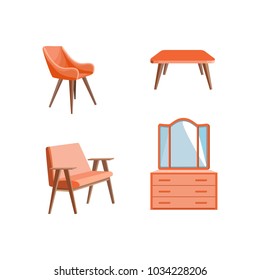 Set of wooden furniture. Coral chest of drawers and mirror. Soft sofa, armchair and tea table. Icons, isolated objects of the interior. Vector illustration

