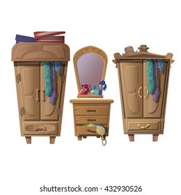 A set of wooden furniture of the dressing room. Vector illustration.