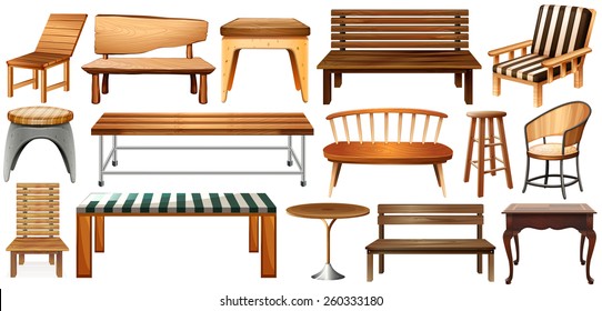 Set of wooden furnitures on a white background