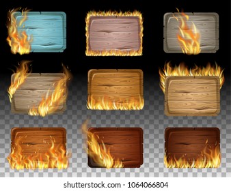 Set wooden game panels, gui elements decorated with flame burn. Isolated fire flames and boards for message. Realistic vector illustration.