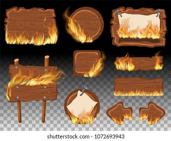 Set wooden game panels, gui elements decorated with flame burn. Isolated fire flames and boards for message. Realistic vector illustration.