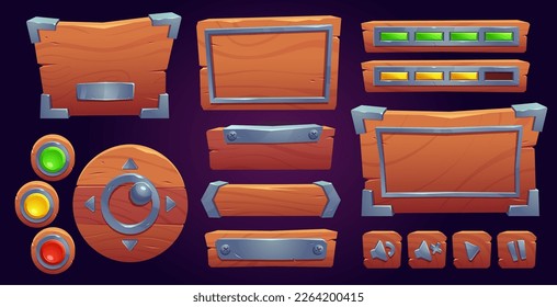 Set of wooden game ui board templates isolated on background. Vector cartoon illustration of old wood texture menu and settings windows, buttons, progress and volume bars. User interface elements