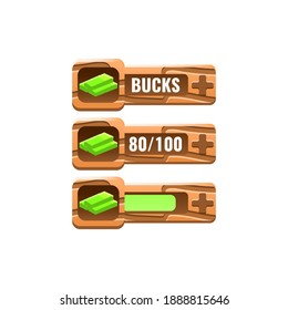 set of wooden game ui money bucks bar with numeric and progress bar additional panel for gui asset elements vector illustration