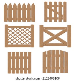 A set of Wooden Gates and fences made of boards of various designs, Vector illustration in Cartoon Style