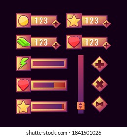 Set of wooden gui progress bar, icon, additional panel and other for game ui asset elements vector illustration