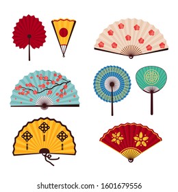 Set of wooden hand fan.Asian fans.Traditional paper chinese or japanese fan. Vector illustration in cartoon style.